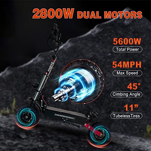 Electric Scooter Adults 52MPH Fast Speed, ZonDoo ZO03 5600W Dual Motors, 65 Miles Long Range, 11\" Tubeless Fat Tires, Foldable E-Scooter with Hydraulic Brake and Electric Brake, Dual Suspension