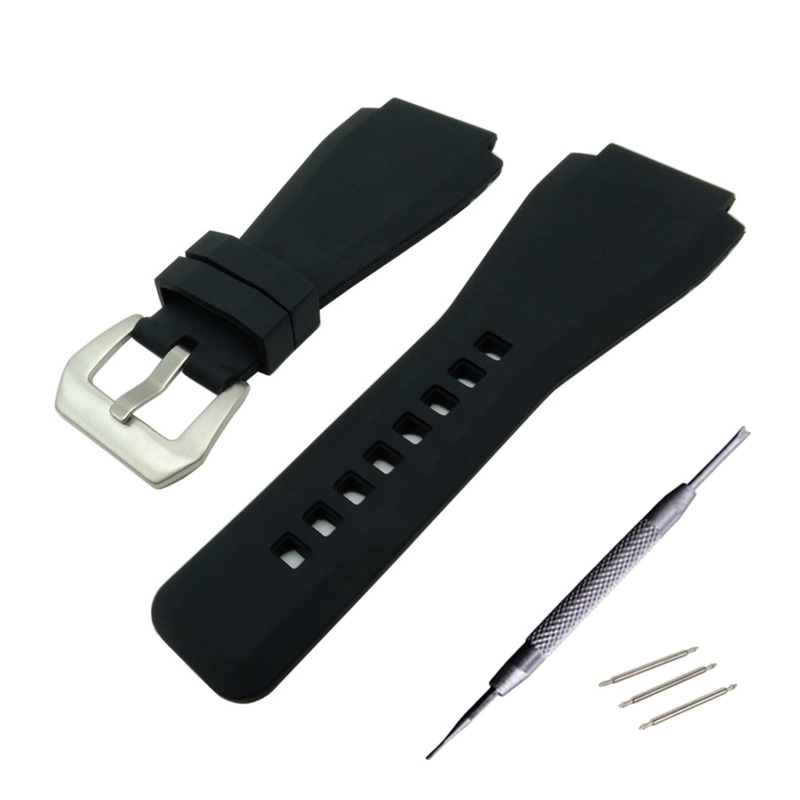 RCIDOSTop Aesthetics 24 X 34mm Black Rubber Leather Watch Band Strap For Bell For Ross BR 01 For BR 03 DIY Replace Black Silver Buckle (Color : Black silver clasp, Size : 24mm)