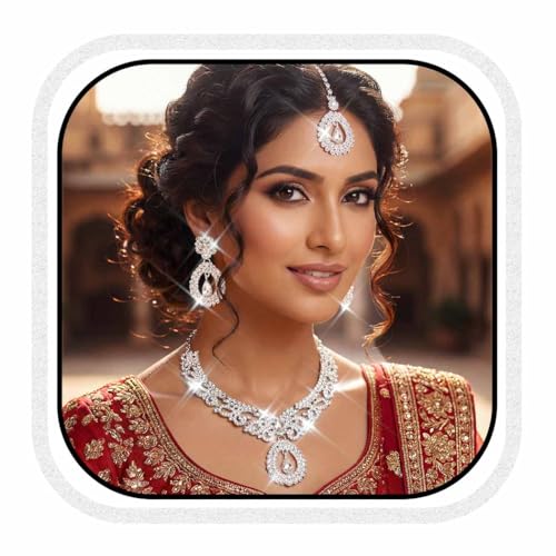 Unicra Rhinestone Silver Indian Jewelry Sets Wedding Bollywood Necklace Earrings Set Formal Prom Costume Jewelry Set for Women and Brides (Silver)