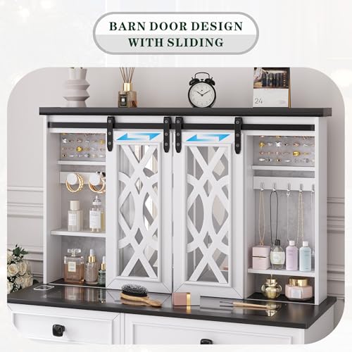 Image of FREDEES Large Vanity Desk with Mirror and Lights, Farmhouse Makeup Vanity with Jewelry Armoire Cabinet Storage, White Dresser Table Gifts for Wife /Girlfriends /Women /Lady /Girl