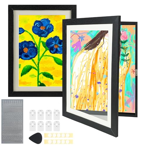Kids Art Frame 2 PACK Kids Artwork Display Frame Front Opening A4 Picture Frame Changeable Childrens Artwork Display Photo Storage Frames Kids Art Projects (Black)