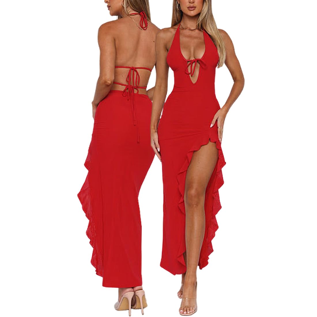 Vestido de Largo para Mujer Sexy Vestidos sin Espalda Cuello en V Profundo Elegantes Vestidos sin Manga Volante Dobladillo Maxi Vestido Ajustado Frente para Fiesta Coctel Noche Club