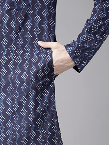 Image of See Designs Blue & White Cotton Regular Fit Mandarin Collar Printed Kurta Set