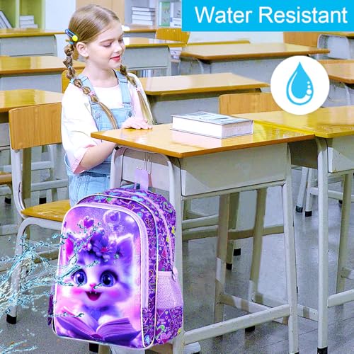 Image of CCJPX 3Pcs Cat Backpack for Girls, 16 inch Kids Bookbag with Lunch Box, Water Resistant Elementary School Bag for Kindergarten Preschool Toddler (Purple)