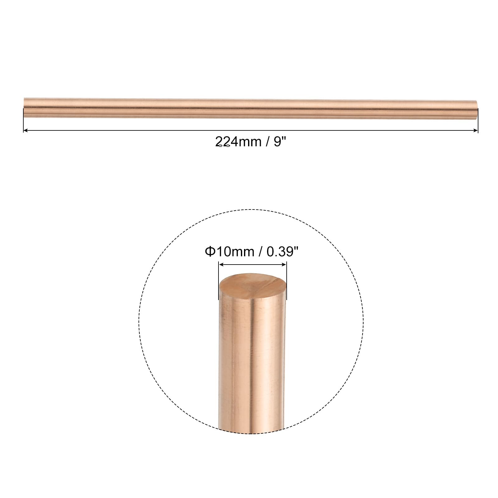 QUARKZMAN 4er Pack Reiner Kupfer Rundstab 10mm/0,39 Zoll Durchmesser 224mm/8,82 Zoll Länge Massiver Kupferstab Drehstahl Lager für DIY Metallhandwerk Metallbearbeitung Hobbys
