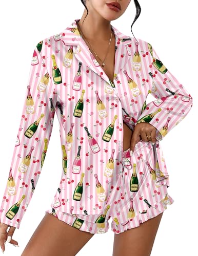 Image of Ekouaer Womens Satin Pajama Sets Cute Button Down Silk Pjs with Ruffle
