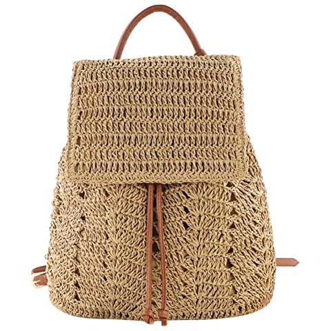Women Straw Backpack Bohemia Woven Handbag Backpack Boho Shoulder Handbag Casual Woven Backpack Hollow out Straw Beach Backpack Cover