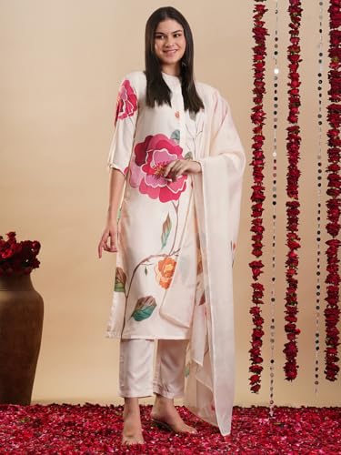 Image of GoSriKi Women's Rayon Blend Straight Printed Kurta with Pant & Dupatta