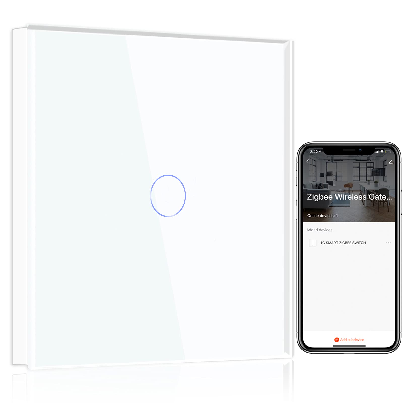 BSEED Smart ZigBee Interruptor de Luz Blanco,1 Gang 1 Vía Interruptor Inteligente,Compatible con Alexa y Google Home, Control de APP y Función de Temporizador(Zigbee Gateway Hub Requerido)