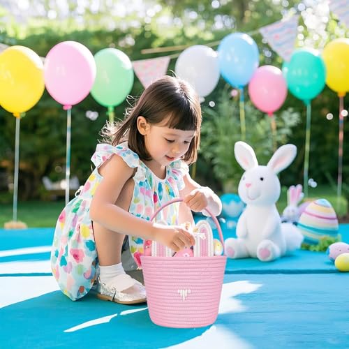 Easter Bunny Basket Easter Buckets for Kids with Ear, Easter Egg Hunt Basket Bags Easter Gifts for Girls Baby Kids Children Pink White 9.8 x 7.8 x 7.8”(Pink Basekt Pink Ear) by LASVIAL - Used condition - Image 7