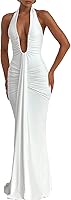 ABYOVRT Women's Deep V-Neck Ruched Sleeveless Halter Maxi Dress - Sexy Formal Cocktail Evening Gown