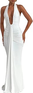 ABYOVRT Women's Deep V-Neck Ruched Sleeveless Halter Maxi Dress - Sexy Formal Cocktail Evening Gown