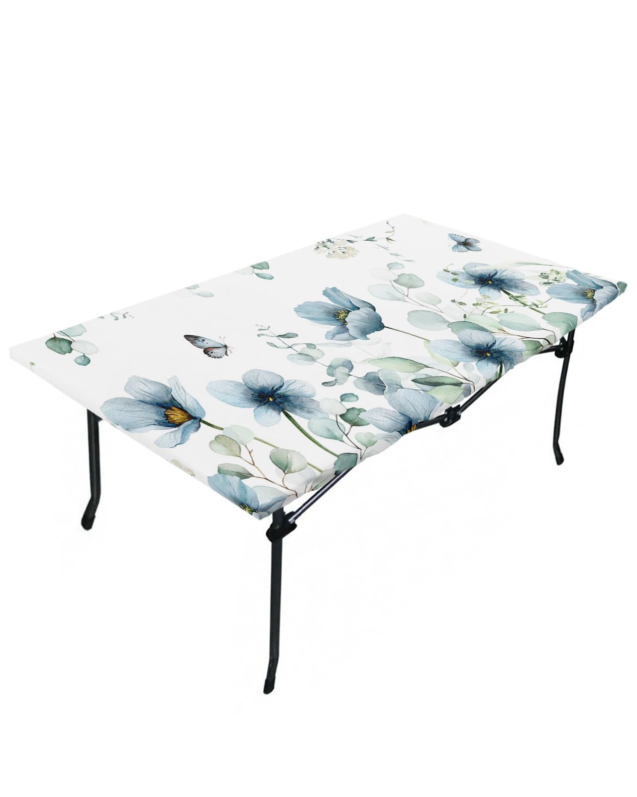 Teal Tulip Fitted Table Covers for 5 Foot Tables, Pastoral Eucalyptus Leaves Botanical Summer Butterfly Elastic Table Cover Rectangle 30