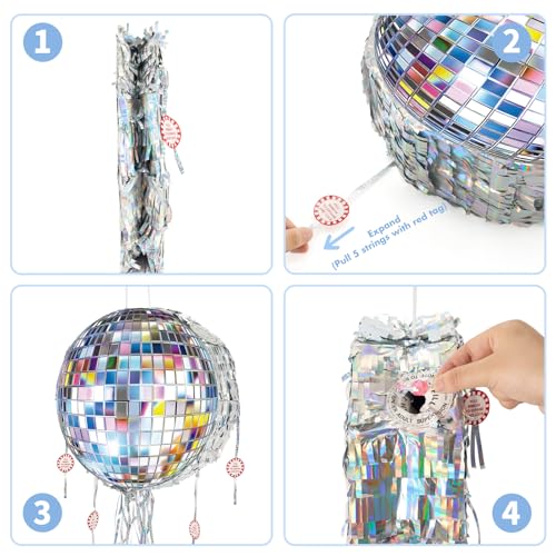 WERNNSAI Disco Ball Piñata - Disco Party Decoration Pull String Mirror Piñata with Bat and Blindfold for Adult Birthday Party Supplies - Thumbnail 6