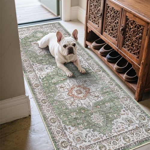 RUUGME Runner Rug 2x6 Hallway - Washable Boho Rugs for Living Room Stain Resistant Carpet Vintage Tribal Rugs for Bedroom Kitchen with Non Slip Backing Decor Floor Decoration Mat 2x6 Sage