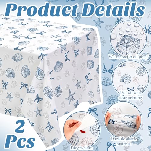 Image of Chumia 2 Pcs Coastal Tablecloth White and Blue Bachelorette Tablecloth Disposable Plastic Waterproof Table Covers Dinner Party Setting Floral Wedding Bridal Home Party(Rectangle Shell)