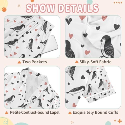senya Birds with Hearts Satin Summer Pajama Sets Silk Short Sleeve Button Down Sleepwear3