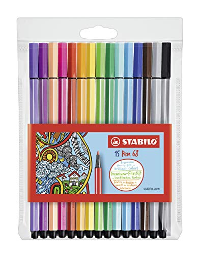 Stabilo Pen 68 Coloring Felt-tip Marker Pen, 1 mm - 15-Color Wallet