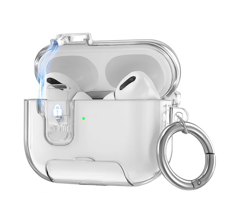 Image of Clear Magnetic Auto-Lock Case Cover for Apple Airpods Pro 3 (2025), with Phone Stand & Carabiner (Clear White,Transparent Lock with Stand)