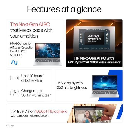 Image of HP OmniBook 3 AMD Ryzen AI 7 350 Next Gen AI Laptop, (16GB DDR5, 512GB SSD), Anti-Glare,15.6'' /39.6cm FHD, Win11,Office24, Silver,1.7kg, FHD Camera w /Privacy Shutter, Backlit, fn0039AU