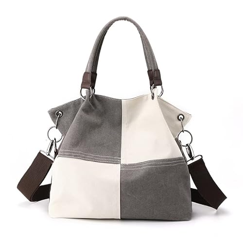 Women's Canvas Color Block Tote Bag, Convertible Crossbody Hobo Handbag, Lightweight Shoulder Bag for Daily Travel Work (Grey)