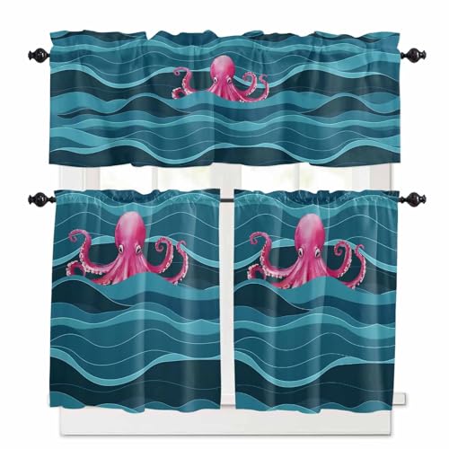 Ocean Octopus Kitchen Curtains 24 Inch Length, 3 Piece Rod Pocket Small Half Tiers and Valance Set, Coastal Nautical Teal Waves Small Large Window Treatment Decor for Bedroom/Bathroom Sink