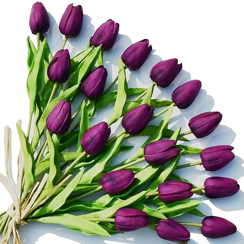 Image of ONLY ART Artificial Purple Tulips 20 Pcs - 13.5 Inch PU Faux Flowers with Bendable Stems for Home Decor, Wedding Centerpieces, DIY Floral Arrangements, New Year and Valentine's Day