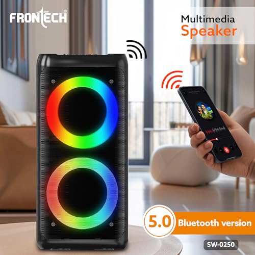 Image of FRONTECH Multimedia Party Speaker, 20W Output, Dual 4 inch Drivers, RGB Light Tower Design, Bluetooth 5.0, 2400mAh Battery, TWS, FM, USB, AUX, MIC, Portable Speaker, 1 Year Warranty (SW-0250)