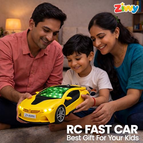 Image of Yellow Rechargeable Remote Control Car Toy, RC Racing Vehicle for Children, High Speed, 3D LED Light Car, Kids Battery Car, RC for Boys & Girls, Toys for Kids, Birthday Gift for Boys and Girls
