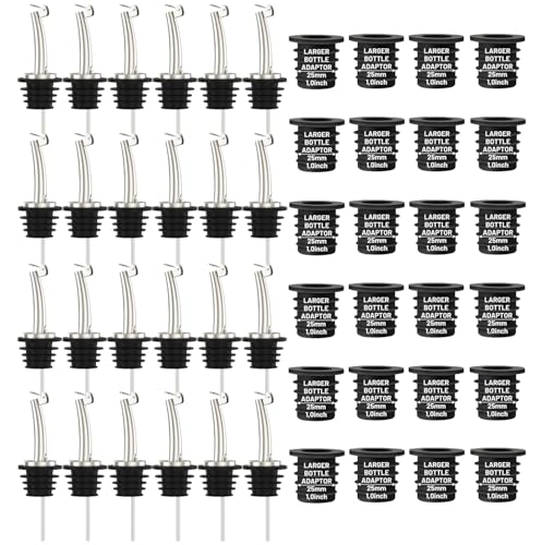 24-Pack Auto Flip Liquor Bottle Pourers with Adapters, Liquor Pour Spout Adapters set for for Large Olive Oil Bottles and Liquor Bottles - Up to 1 Inch/25mm Neck Converts Spout into Large Pour Spout