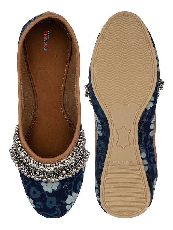 desi colour Bellies/Mojari/Jutti for Women, Girls Indigo Print Payal Embroidery Cushioned, Ethnic, Traditional, Punjabi Jutties-picture-18