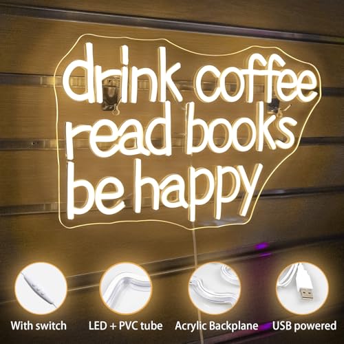 Image of Looklight Drink Coffee Read Books Be Happy Neon Sign Warm White Read Books Led Neon Light for Wall Decor Dimmable USB Neon Light Up Signs for Classroom Coffee Shop Bookstore Library Museum Study Room