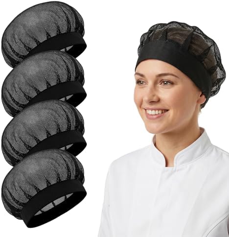 4 Pcs Chef Hats for Women, Mesh Elastic Kitchen Cooking Hat Reusable Hair Nets for Food Service Black Chef Cap