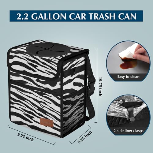 Image of Femuar Car Trash Can with Lid - Leak Proof, Waterproof, Zebra Stripe, SUV Multipurpose Car Hanging for Headrest, Collapsible, Portable with Storage Mesh Pocket