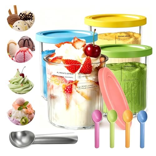 CORIXTEN 4 Piezas Recipiente para Ninja Creamy Deluxe, 680ml Recipientes de Helado con Tapas y Cuchara, Accesorios para Máquina de Helados para NC501 NC500, Amarillo/Rosa/Verde/Azul