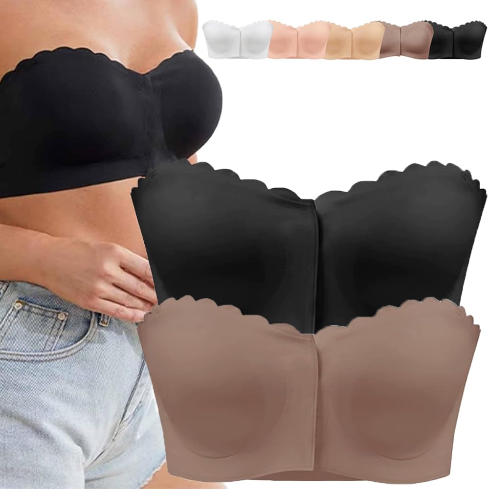 Surpassdo Seamless Front Closure Strapless Bandeau Bra, Non-Slip Ultimate Wavy Edge Comfort Support Bralette