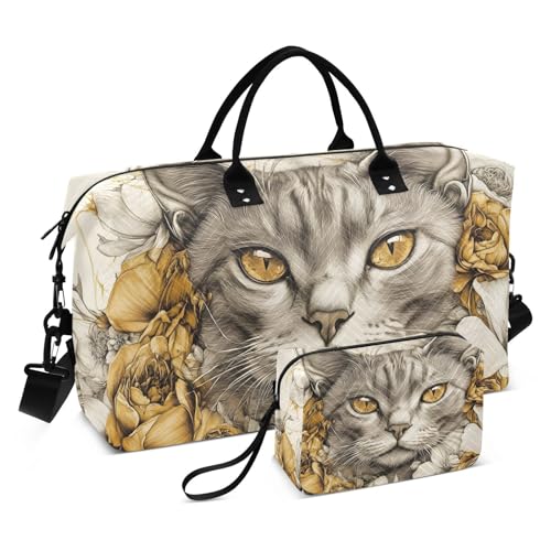 Large Travel Duffel Bag Toyger Cat Flower Cute Sports Tote Gym Bags, Shoulder Weekender Overnight Bags for Women Men, Carry On Luggage with Toiletry Bag