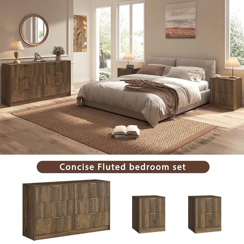 Sscaktu 3-Piece Modern Bedroom Furniture Set, Wide 6-Drawer Dresser & 2-Drawer Nightstands Set of 2, Natural Wood Dresser and Nightstand Sets for Bedroom, Hallway, Walnut - Thumbnail 2