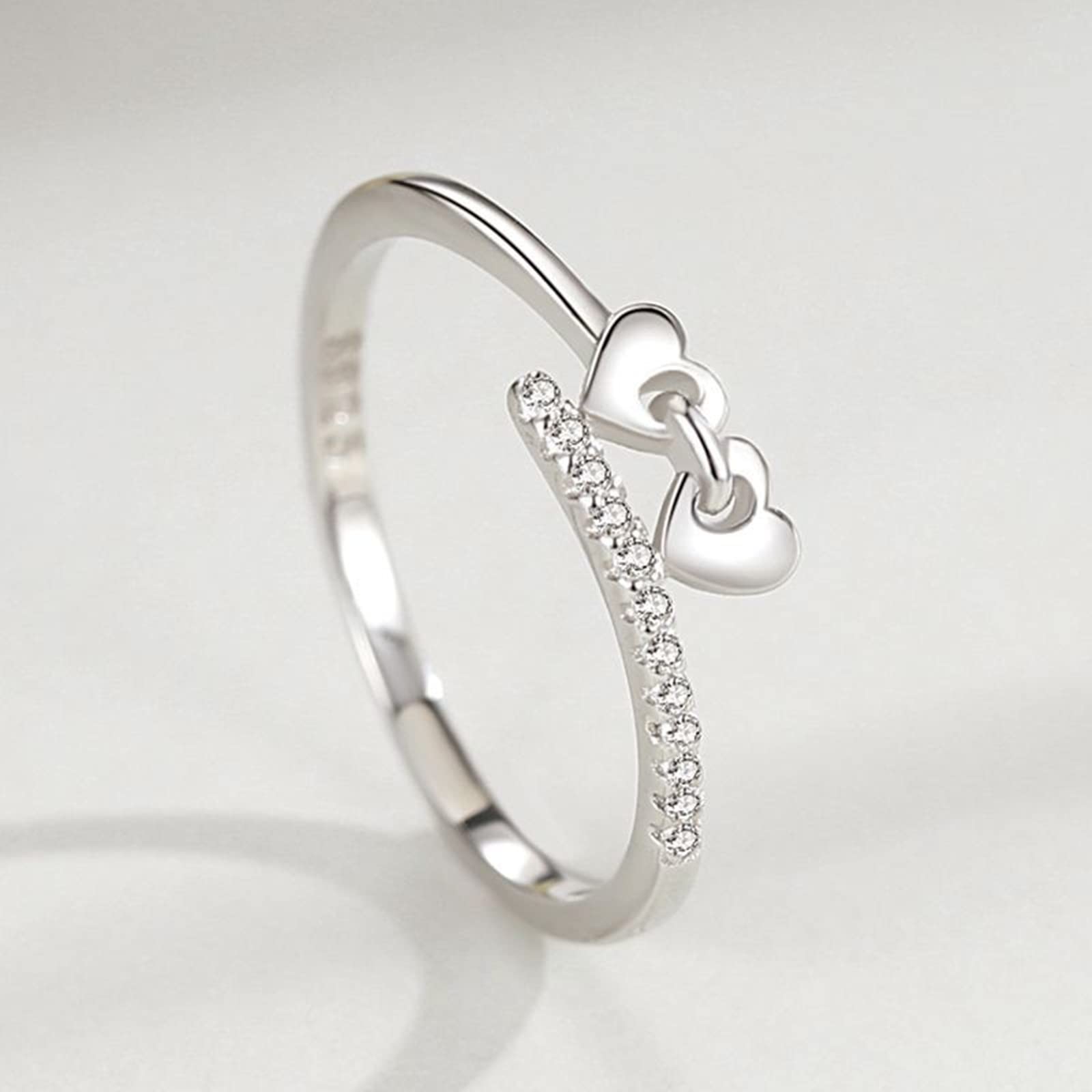 Anillos de promesa de plata de ley 925 para mujer, anillos ajustables para adolescentes y niñas, corazones dobles conectados con circonita cúbica, anillo para mujer, tamaño ajustable