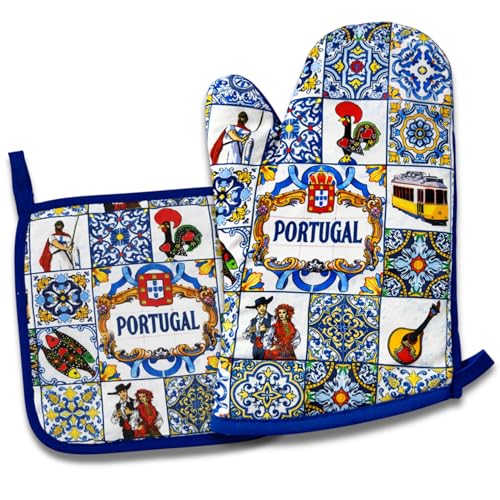 Portugal Azulejo Tile Oven Mitt & Pot Holder Set — Traditional Portuguese Kitchen Gift, Barcelos Rooster & Fado Design, Heat-Resistant Fabric, Set of 2