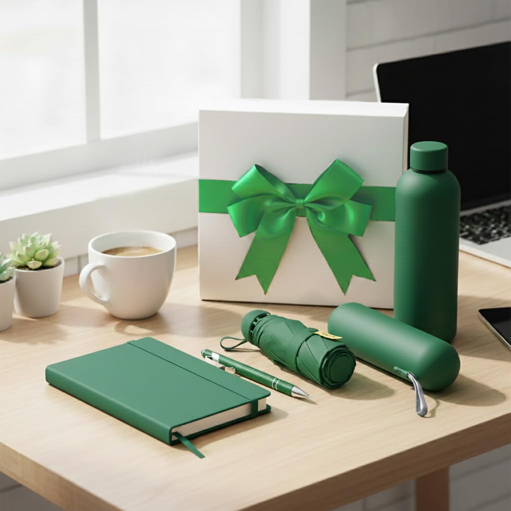 Vivid-it Gift Set for Women & Men | 4-in-1, A5 Notebook with Pen (Touch Stylus Tip), Umbrella and 500ml Stainless Steel Thermal Bottle | Corporate Gift Set | Gift Box with a Ribbon Bow (Green) - Image 3