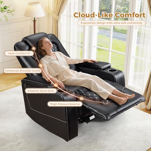 ANJ Power Recliner Chair with USB Ports and Cup Holders - Overstuffed Electric Home Theater Seating PU Leather Reclining Furniture with Hidden Arm Storage, Easy to Clean (Black)