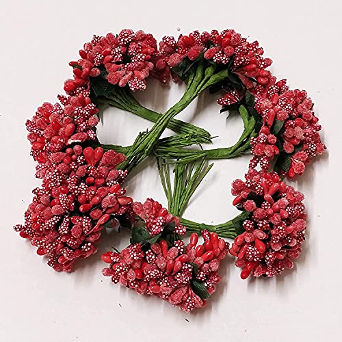 Image of Prokart Premium Pollen Flowers for Hair Accessories, Tiara Making, Jewelry Making and Dress Decoration | 12 Bunch of 2 Pollen Each | (Pack of 24pc) (Red)