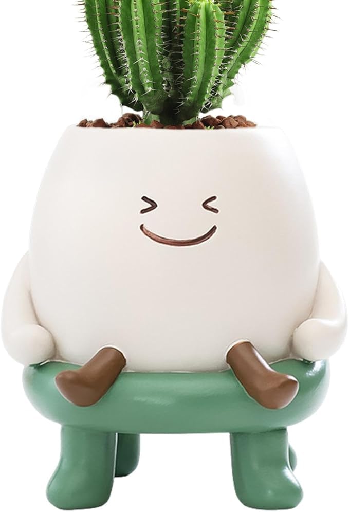 Image of Cute Face Plant Pot with Stool, Resin Head Planter for Indoor Plants, Cartoon Succulent Flower Pot for Home Decor, Living Room, Office Desk, Tabletop Decorative Planter