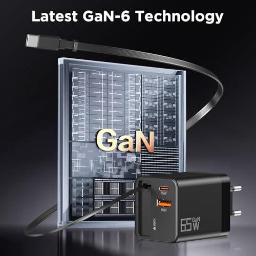 65W GaN Schnellladegerät Kompatibel mit MacBook Pro/Air, 3-Port USB C Netzteil mit Integriertem Einziehbarem Kabel, Kompakter Ladeadapter für iPhone 17/16/15, iPad, Samsung Galaxy, Reisezubehör