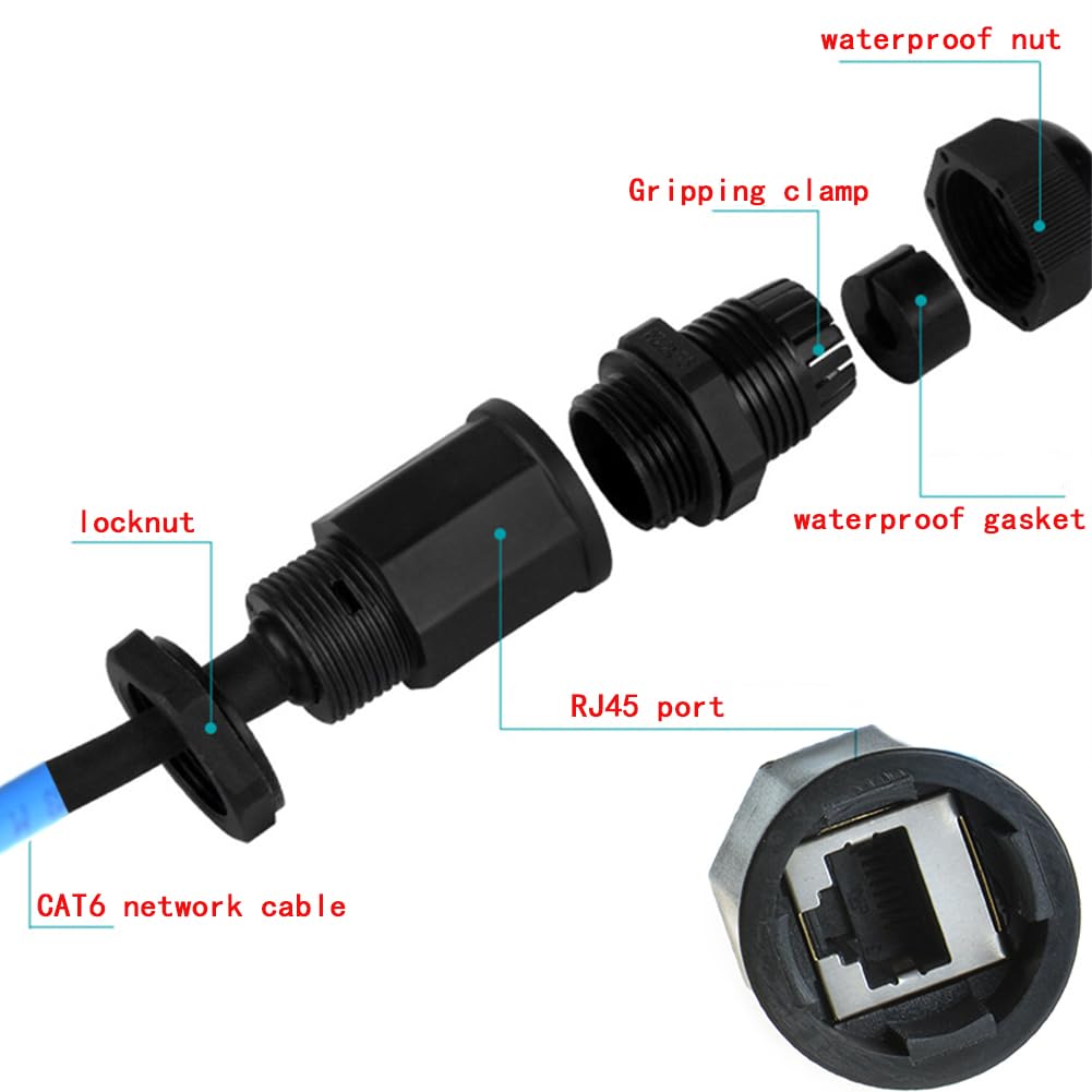Lot de 5 connecteurs M22 RJ45 étanches CAT6 avec câble réseau de 25 cm | Cat5/5e/6 8P8C, IP67, connecteur de câble Ethernet CAT6, double tête, coupleur LAN extérieur, adaptateur mâle vers femelle