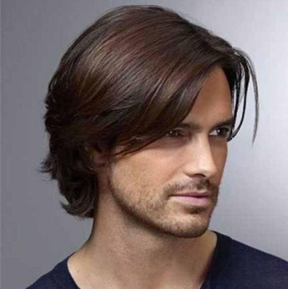 Amnenl Mens Brown Short Wig with Side Part Bangs Layered Synthetic Cosplay Daily Hair Wigs for Male Guy