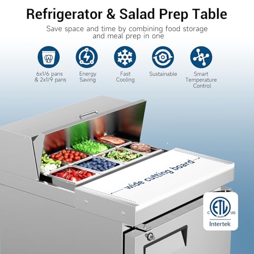 Image of 27 inch W 7.4 Cu. Ft Commercial Salad Prep Refrigerator, Single Door Stainless Steel Sandwich Prep Table with Cutting Board & 8 Pans, Fan-Cooled Buffet Station for Restaurants, Small Kitchens, Bars
