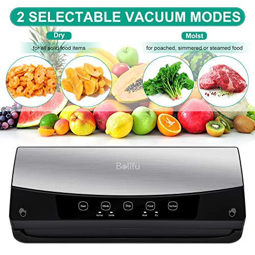 Belifu Vacuum Sealer Machine, Automatic Vacuum Air Sealing System For Food Savers with Starter Kit, Compact Design, Dry & Moist Food Modes, Built-in Cutter, LED Indicator Lights, Compact Design for Sous Vide and Food Storage (Stainless Steel)
