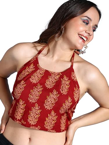 Image of Yash Gallery Women's Regular Fit Cotton Geomatrical Handblock Printed Freesize Backless Sleeveless Blouse